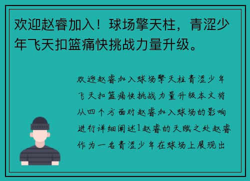 欢迎赵睿加入！球场擎天柱，青涩少年飞天扣篮痛快挑战力量升级。
